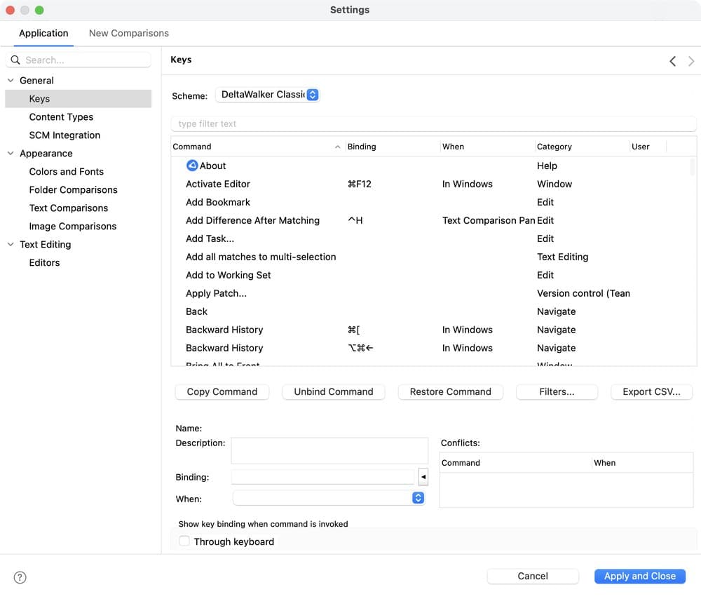 The Keys page of the Settings window