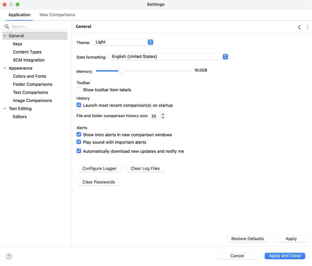 The General page of the Settings window