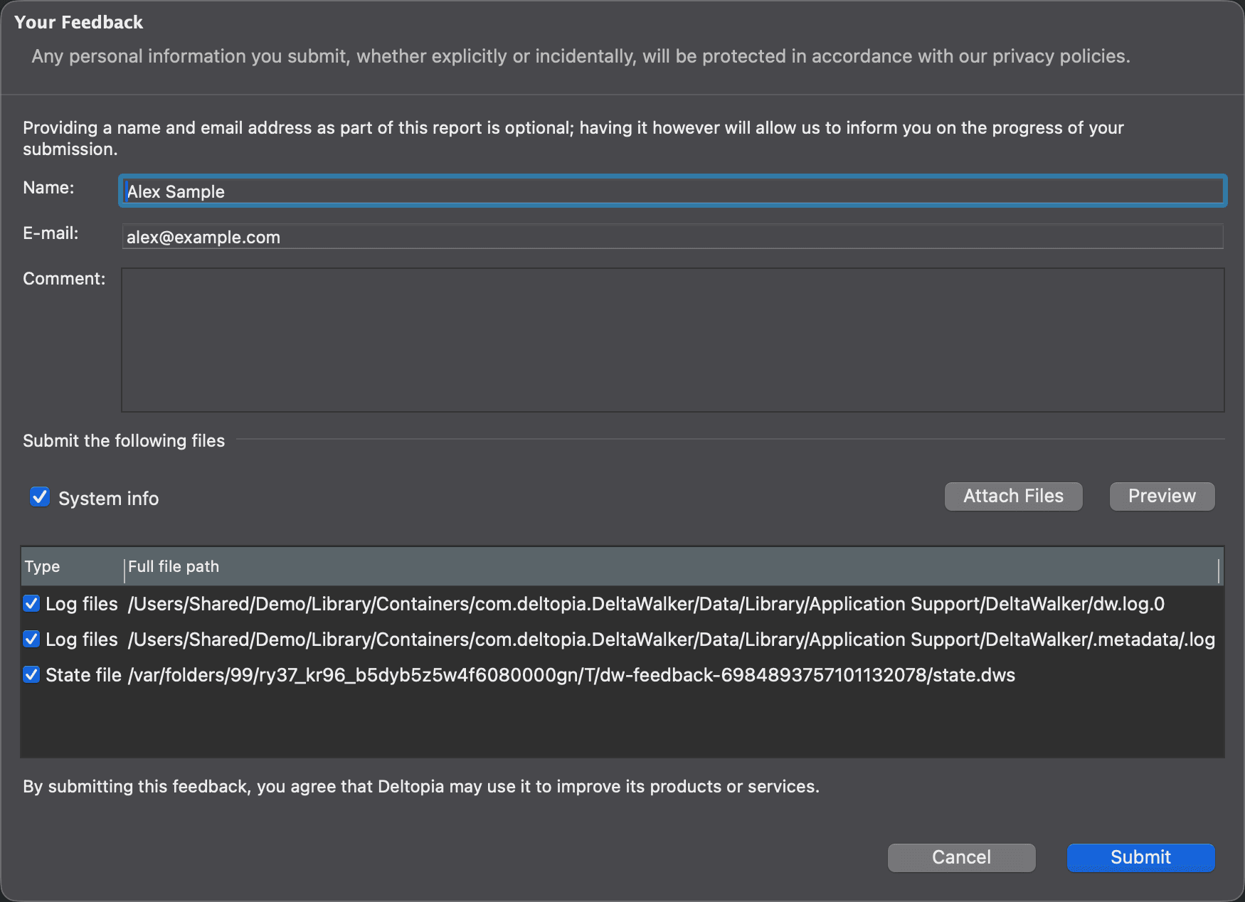 Submit Feedback dialog