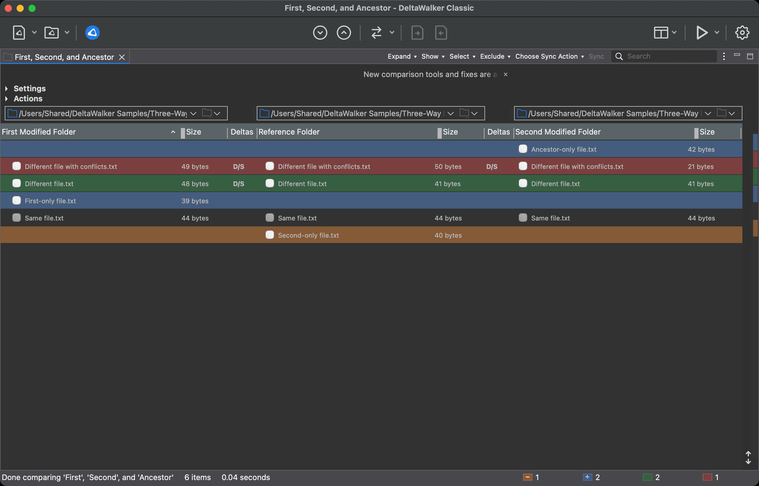 Three-way folder comparison before merging the non-conflicting deltas