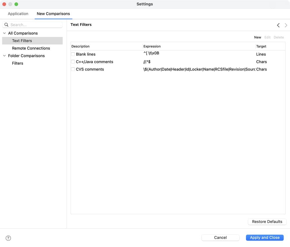 The Text Filters page of the Settings window