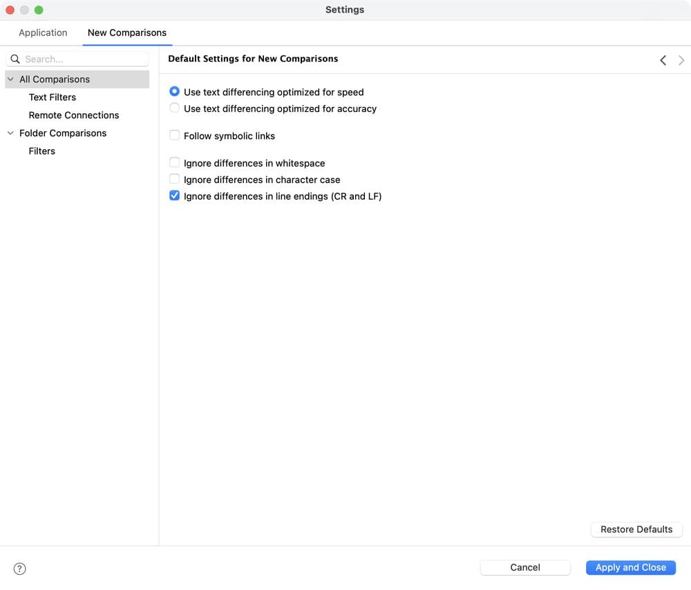 The All Comparisons page of the Settings window