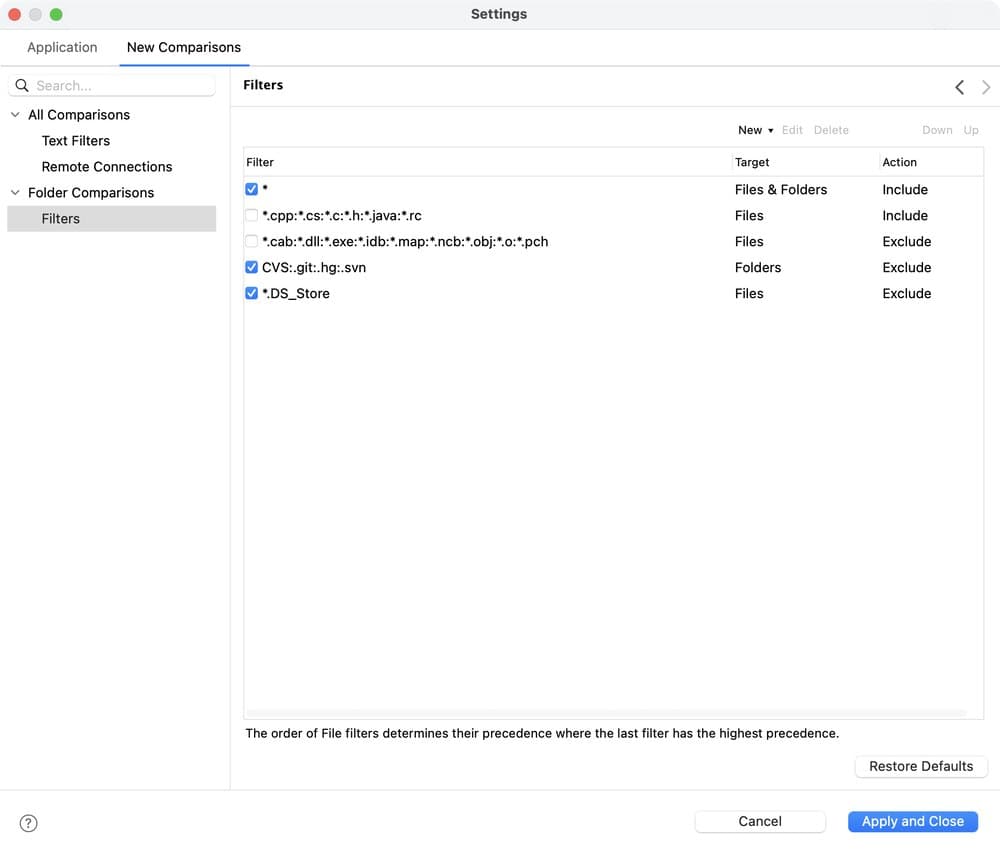 The Filters page of the Settings window