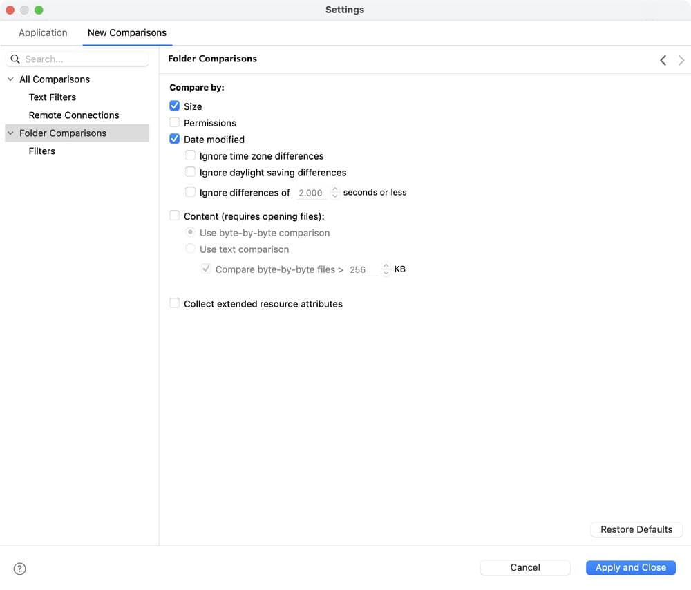 The Folder Comparisons page of the Settings window