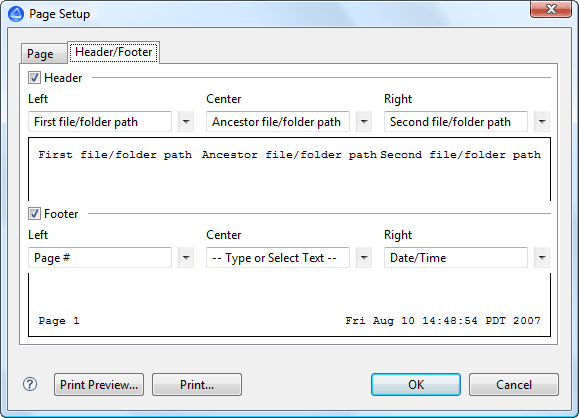 Page Setup dialog, Header & Footer page