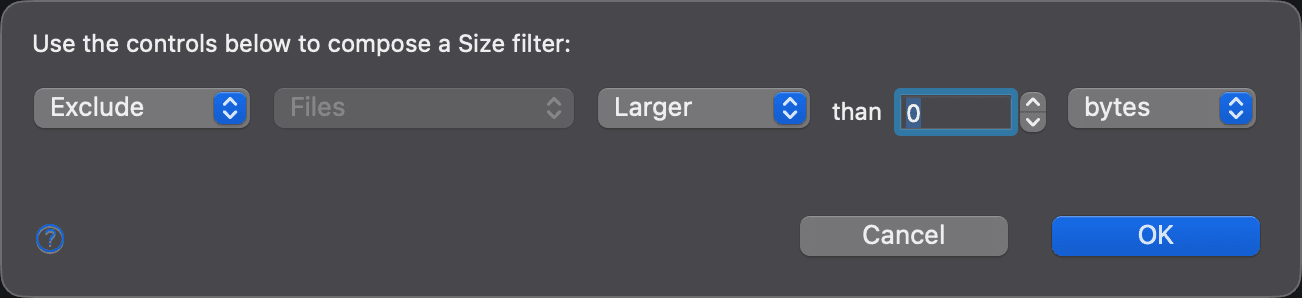 Folder Comparison Size Filter dialog