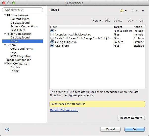 Folder comparison filters preference page