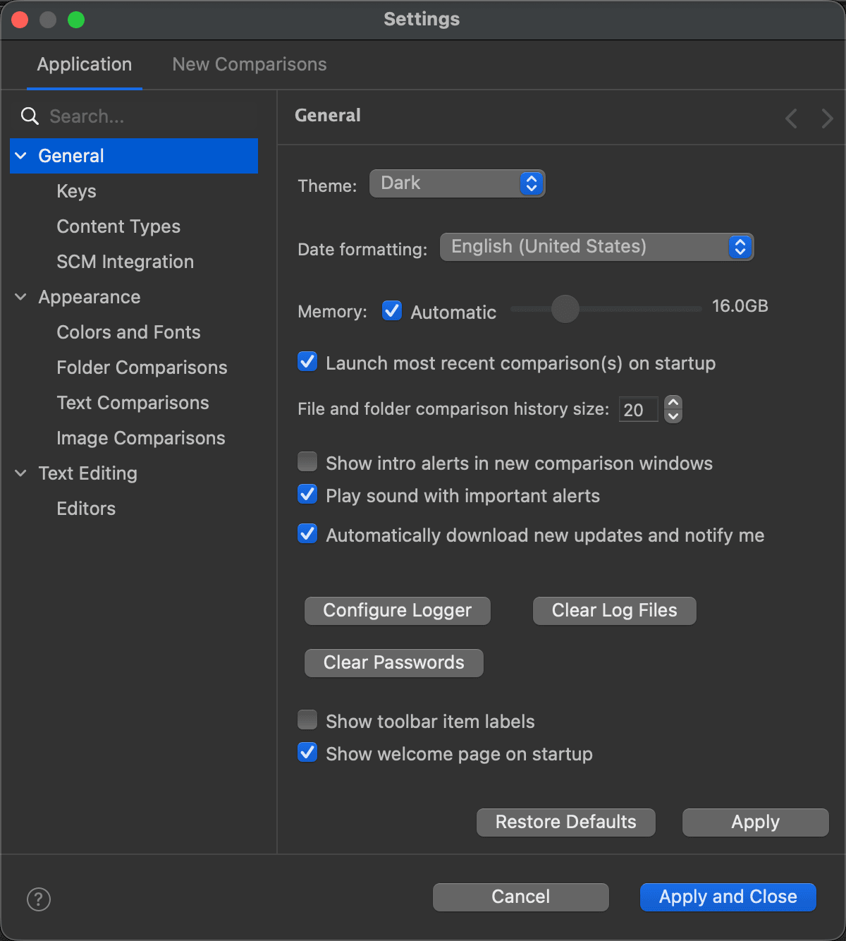 The General page of the Settings window
