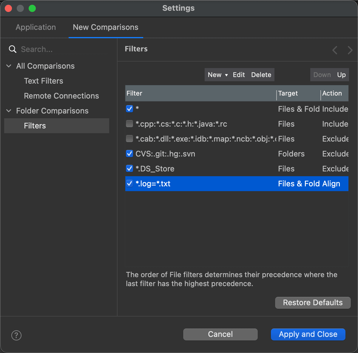 A folder comparison with the alignment override filter