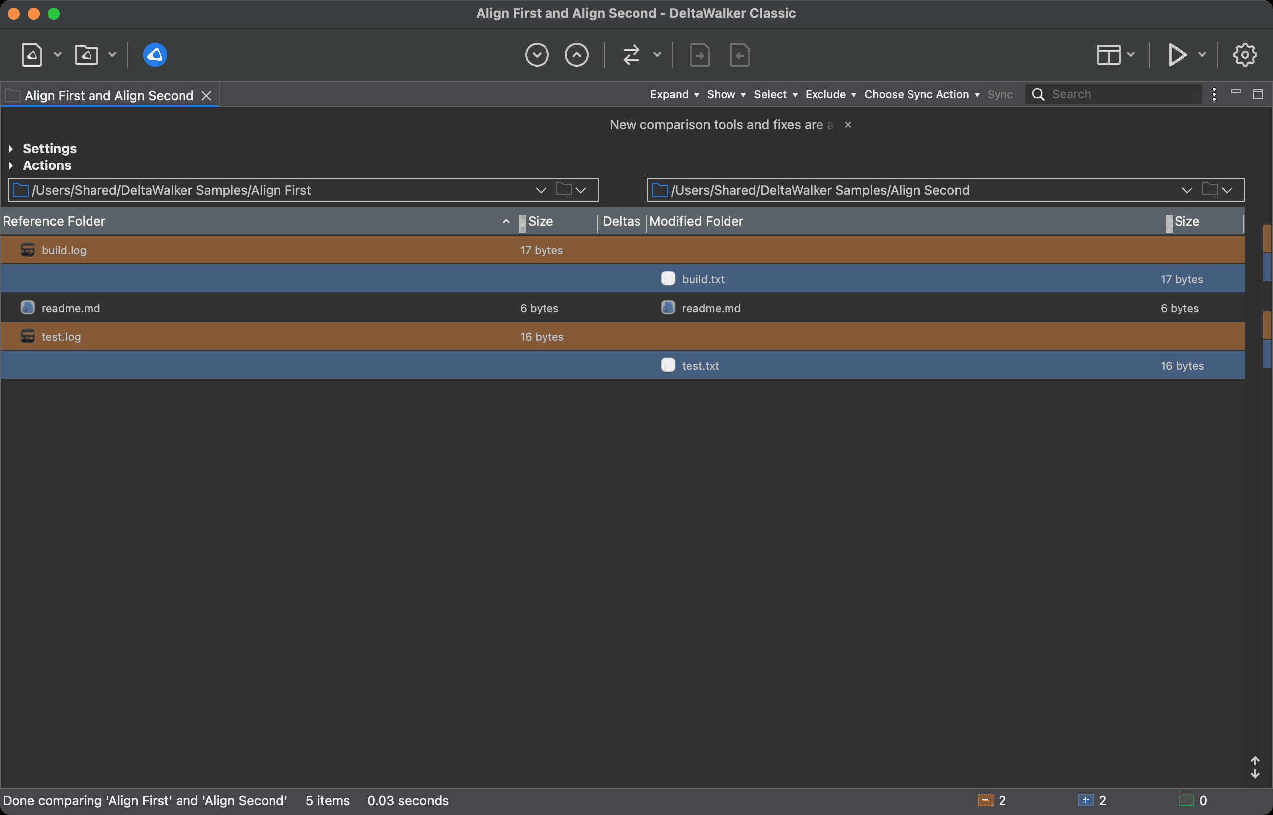 A folder comparison without the alignment override filter