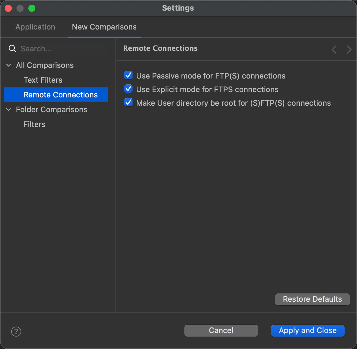 The Remote Connections page of the Settings window