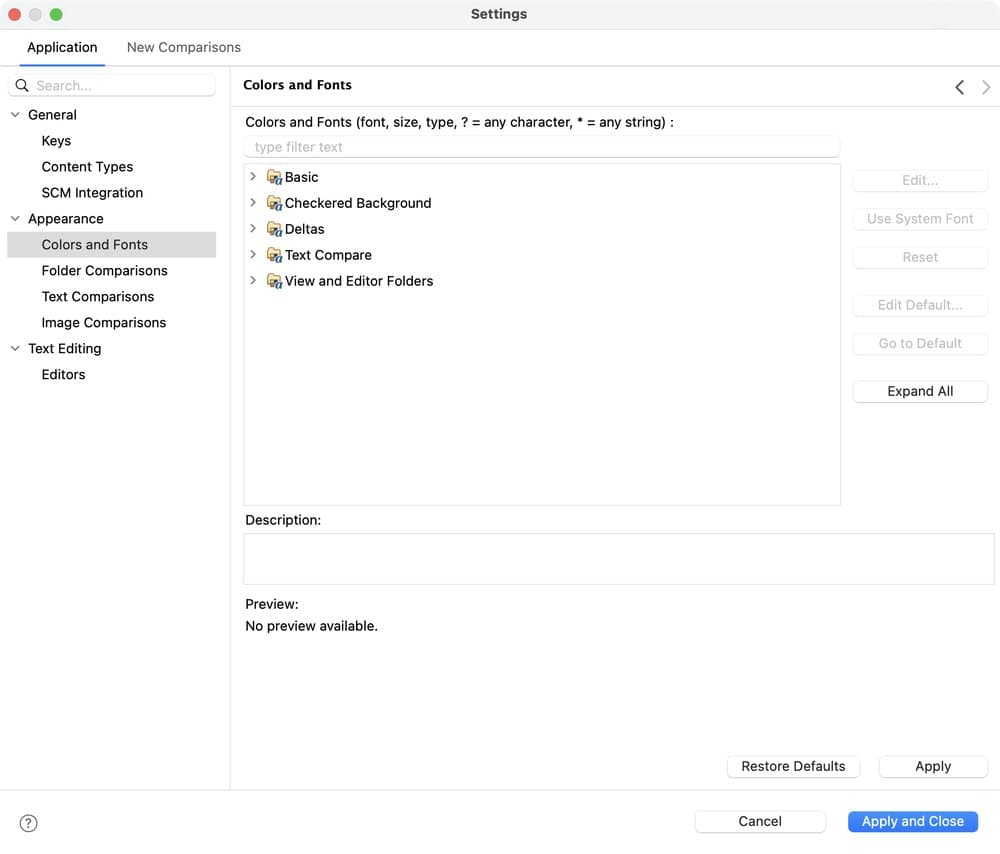 The Colors and Fonts page of the Settings window