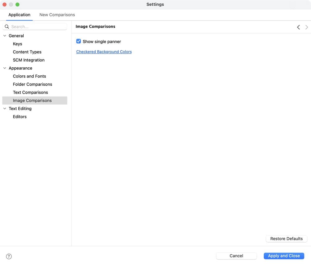 The Image Comparisons page under Appearance in the Settings window