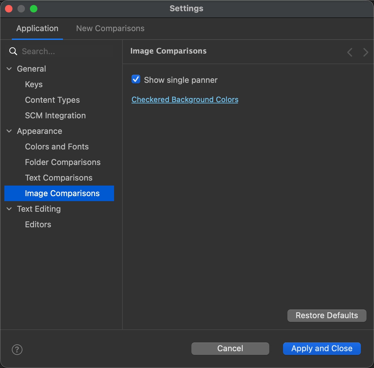 The Image Comparisons page under Appearance in the Settings window