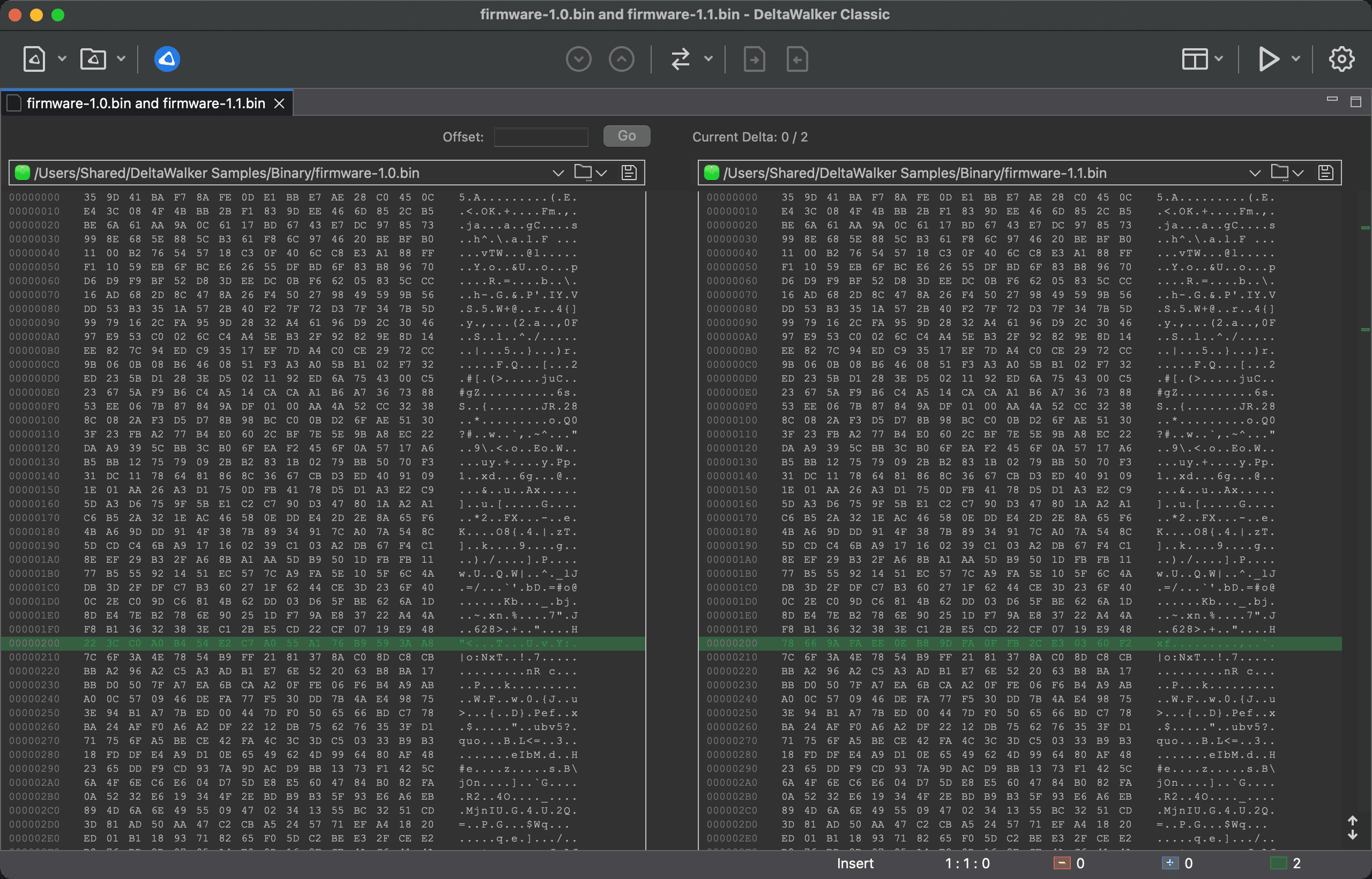Binary comparison of two files in the hex/ASCII view