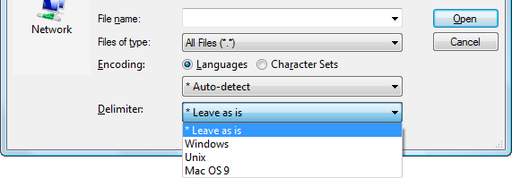 Select File dialog - delimiter chooser.