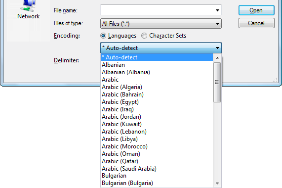 Select File dialog - encoding chooser.