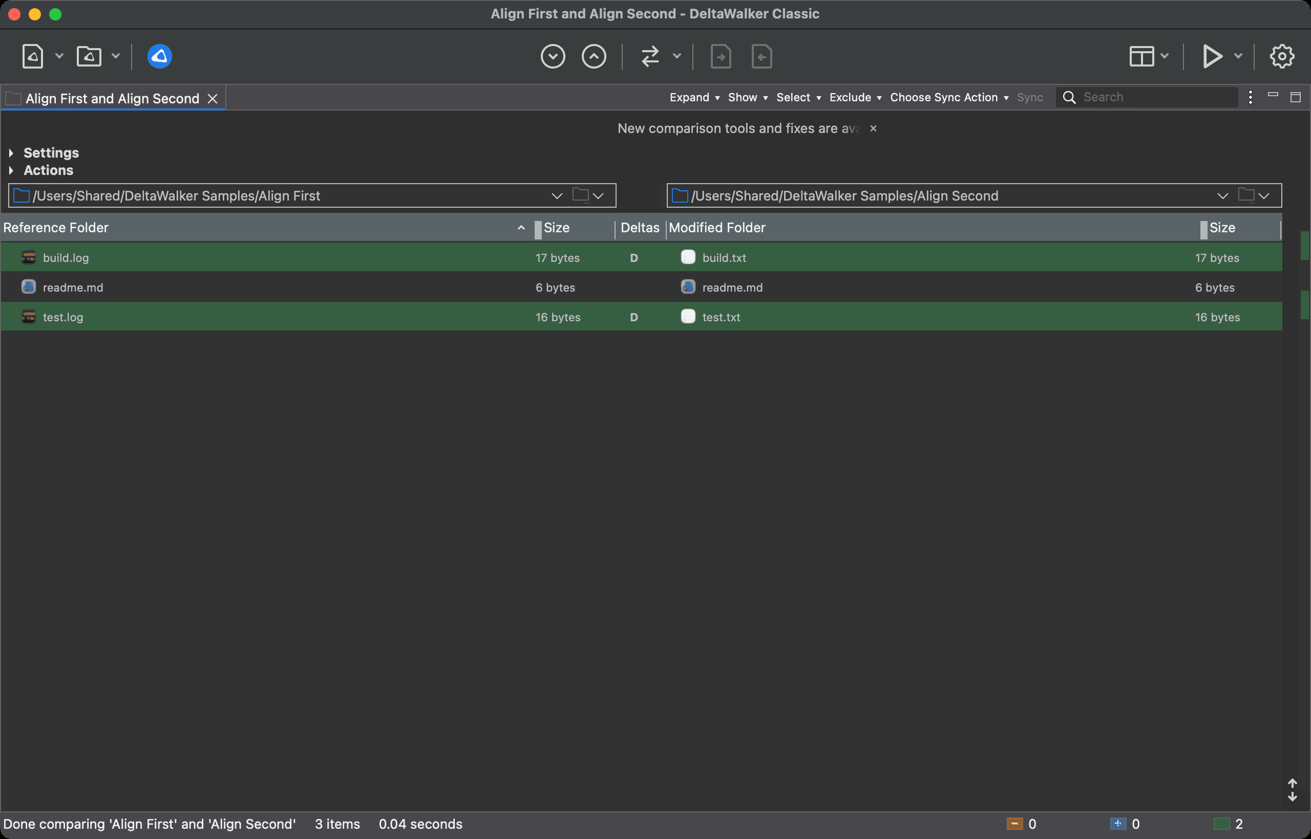 Folder comparison with an alignment override filter