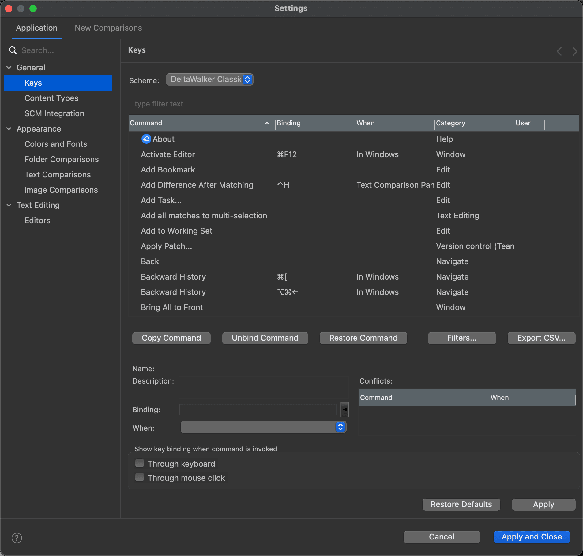 The Keys page of the Settings window