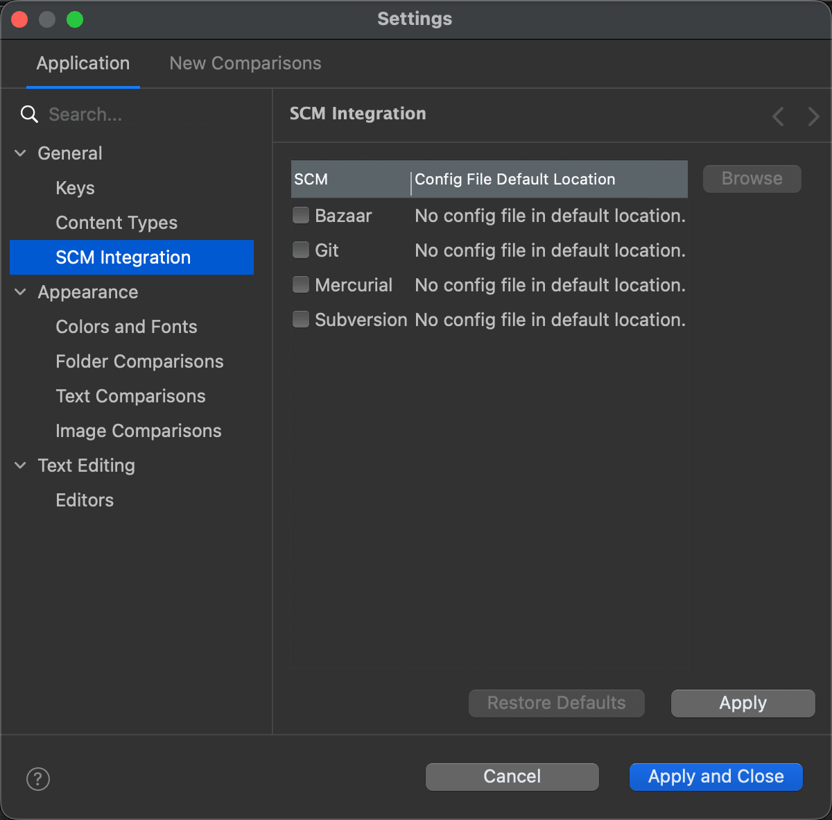 The SCM Integration page of the Settings window