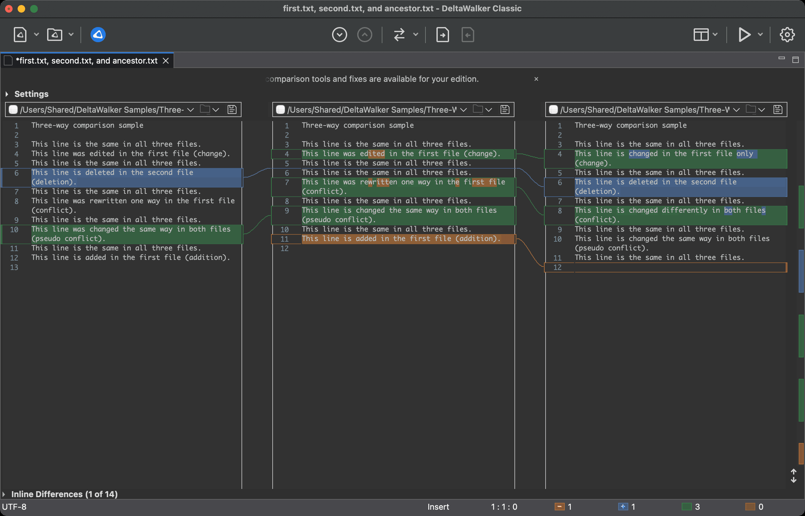 Three-way text comparison after automatic merging