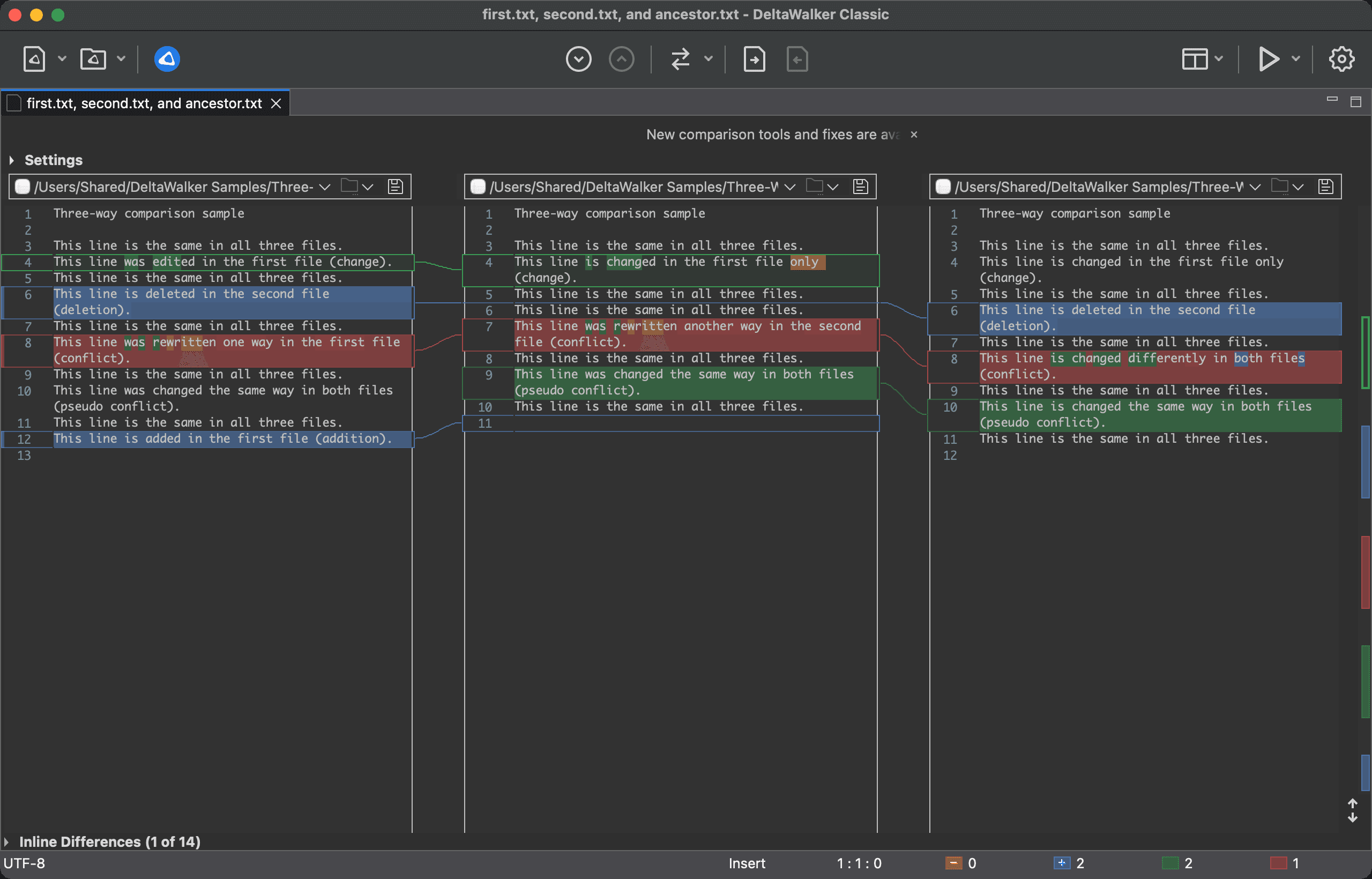 Three-way text comparison before automatic merging