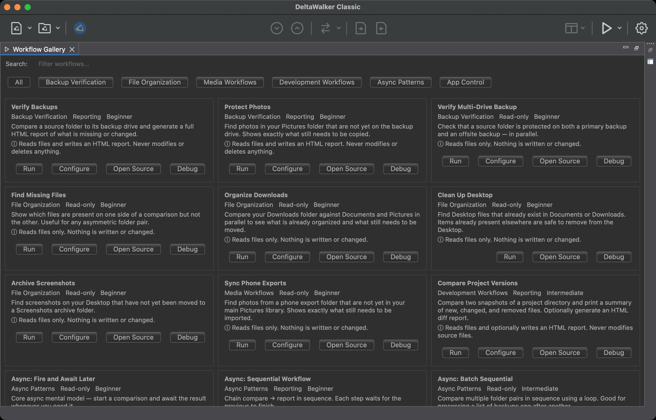 The Workflow Gallery with category buttons, search field, and workflow cards