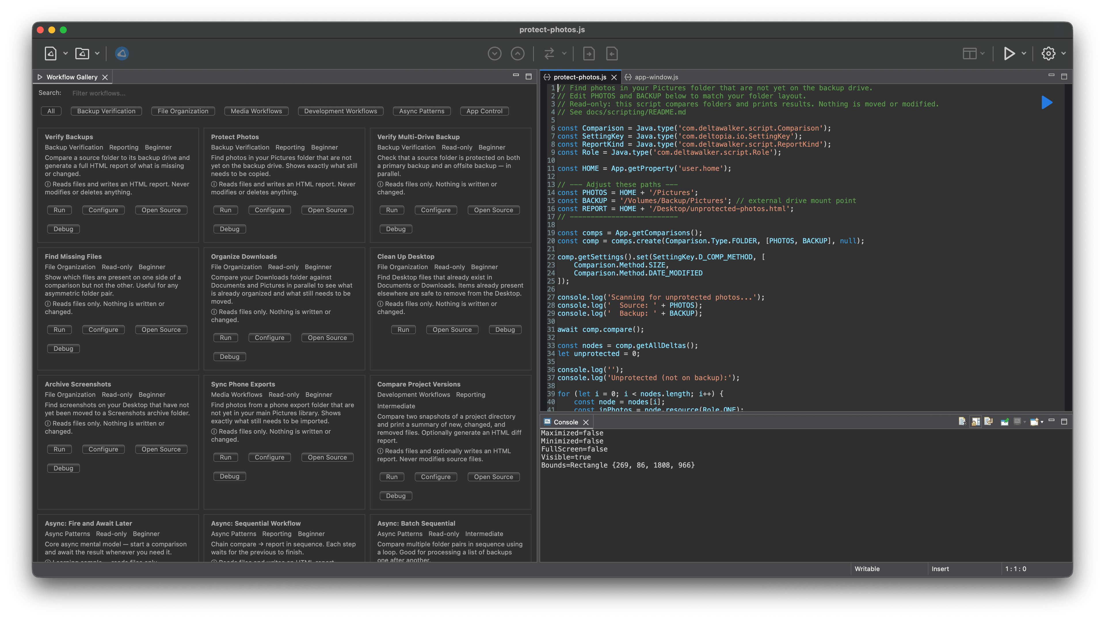 DeltaWalker v3 JavaScript scripting workflow gallery
